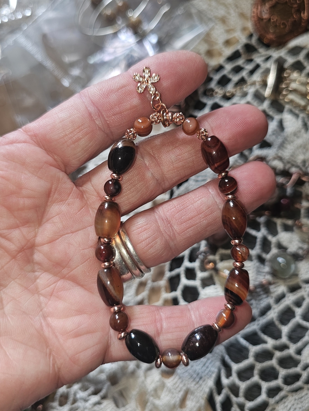 Gold-Tone Brown Agate Beaded Bracelet - Unbranded(213)